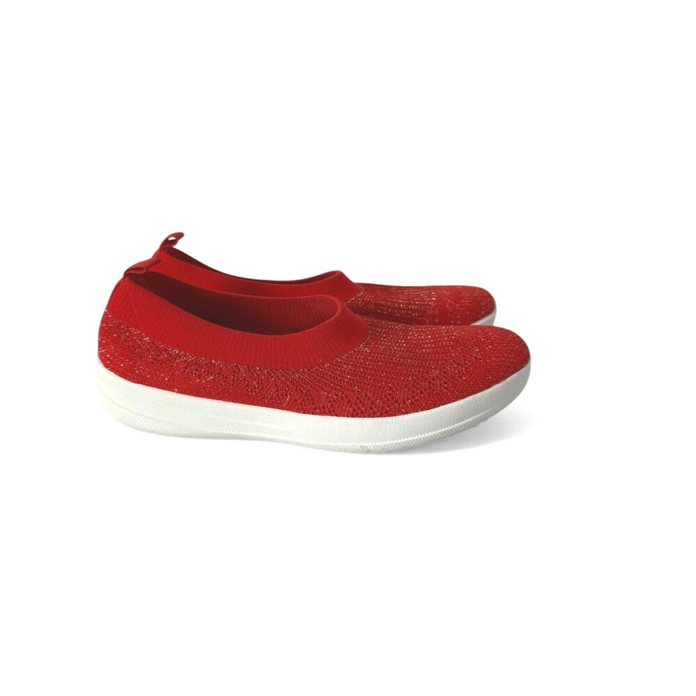 FitFlop Women's Uberknit Red Silver Flats Slip On Sneaker Shoes Size 9